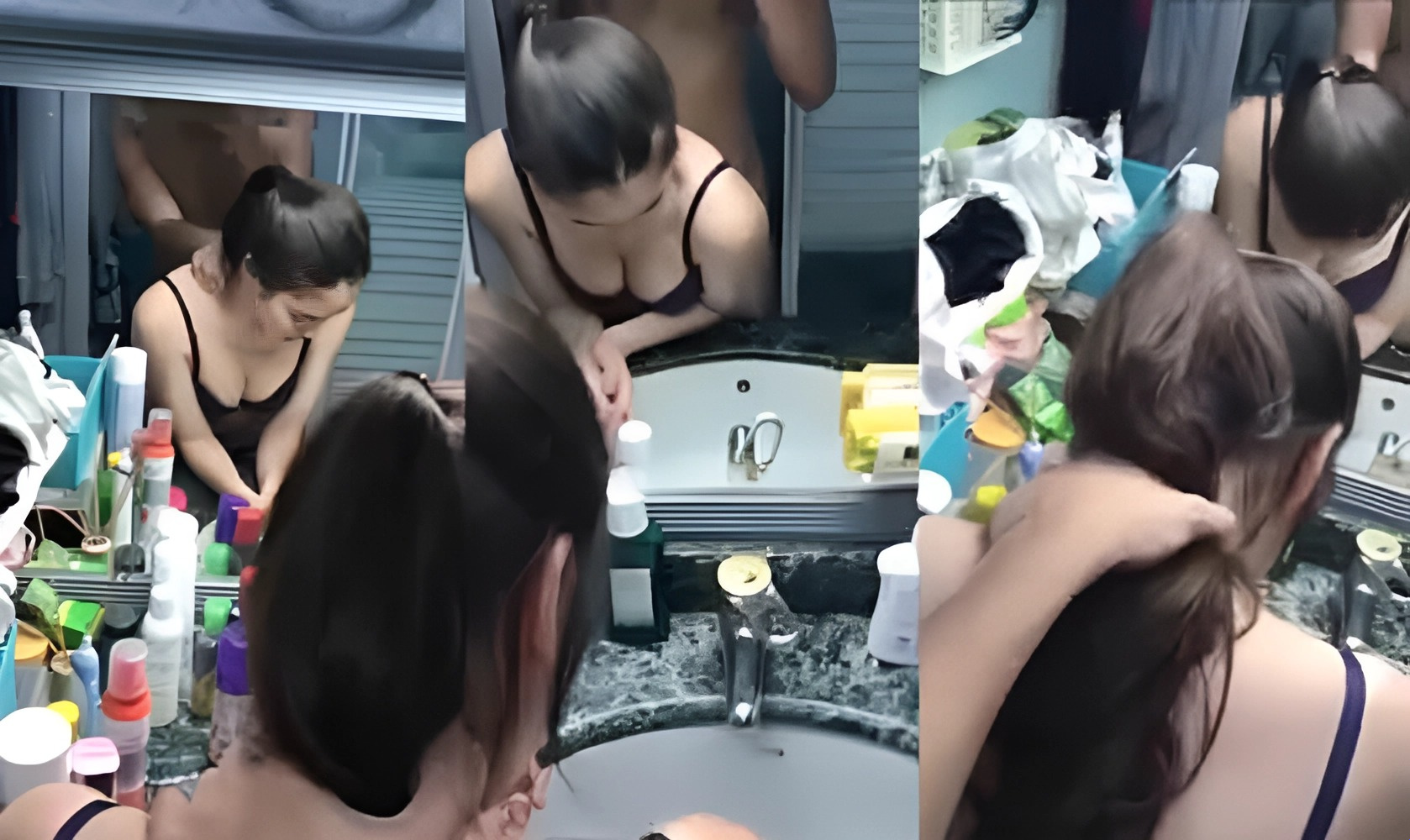 Het meisje was haar make-up aan het doen toen ze hondje kreeg